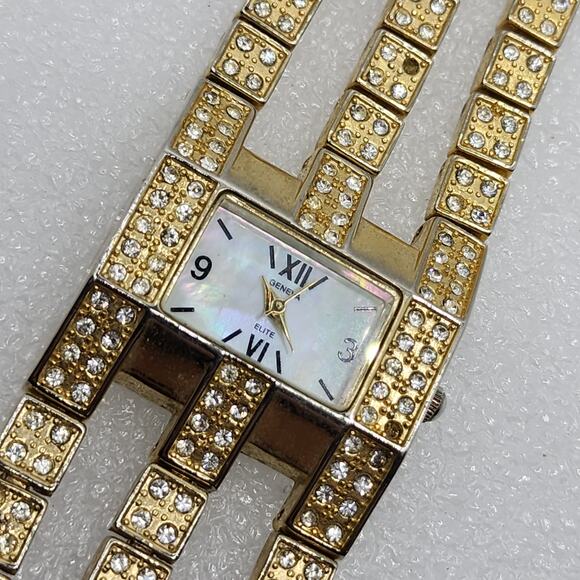 MOP Mother of Pearl Crystal Gem Paved Accent cuff wrap bracelet Watch Singapore - Picture 1 of 9
